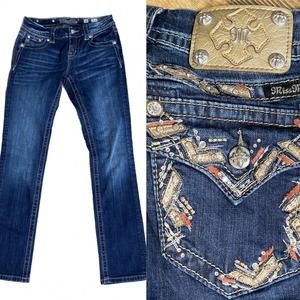 Miss Me Jeans Mid Rise Easy Straight Dark Wash Faded Rhinestone 25